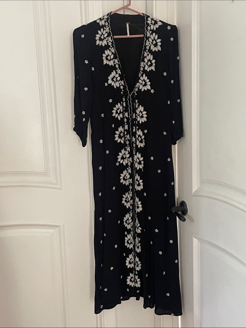 Free people Black Maxi Dress with White Floral Embroidery
